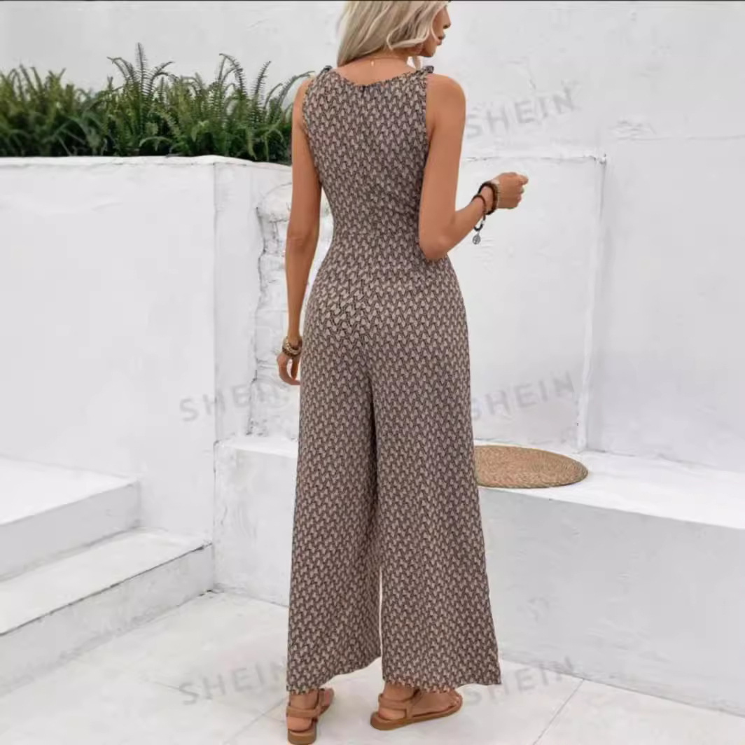 Womens Best-selling Waist-cinching Adjustable-lace-up Printed Jumpsuit - photo 3