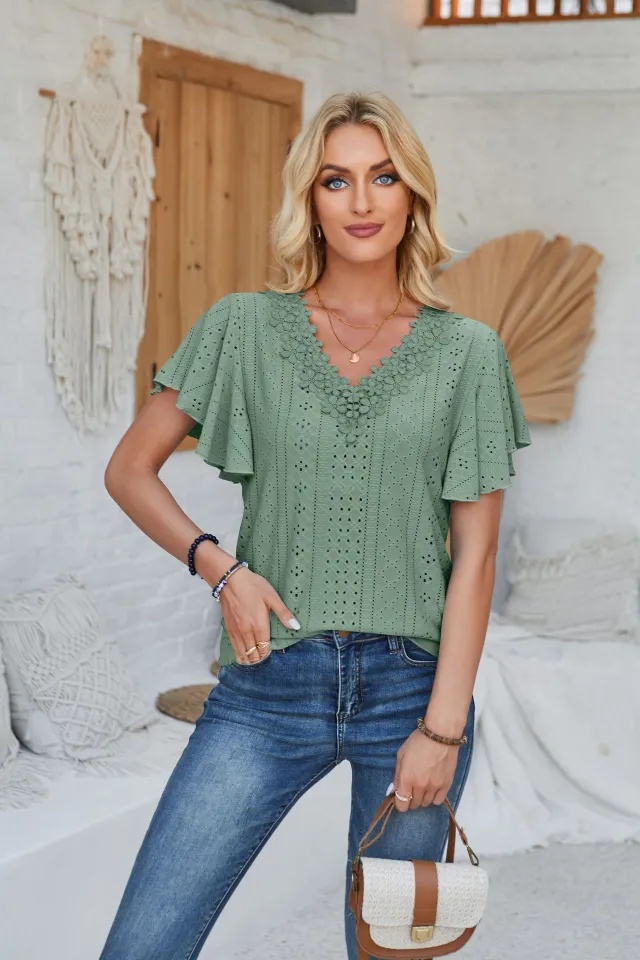 Women's Spring And Summer Lace Ruffle Sleeve Solid Color Loose Short Sleeve Green - Shop at LoveMi