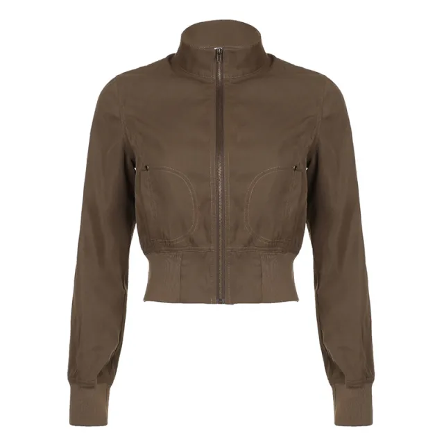 Retro Waist controlled Zipper Stand up Collar Jacket Tan - Shop at LoveMi
