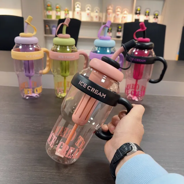 Plastic Water Bottle With Straw Cartoon Cup Drinking Cup Portable Water Bottle 1200ml Kitchen Gadgets Black - Shop at LoveMi