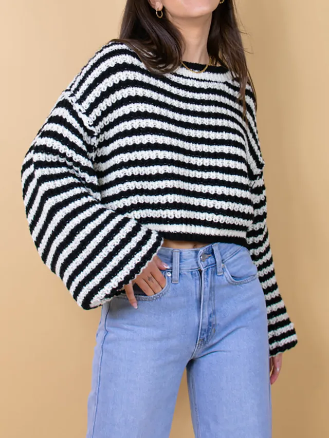 Vintage Stripe Knitted Round Neck Outerwear Loose Contrast Color Sweater Black - Shop at LoveMi