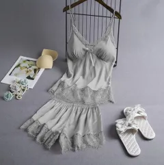New Elastic Satin Lace Suit Nightdress With Suspenders Korean Style Suspenders - Light Grey - View 1