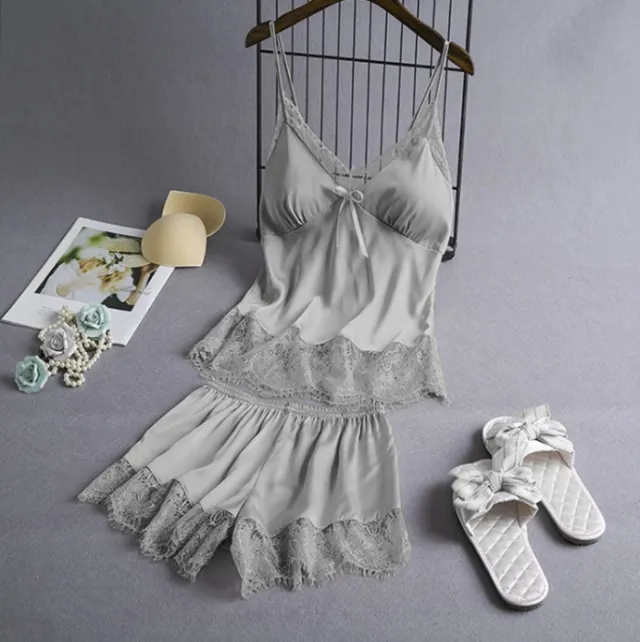 New Elastic Satin Lace Suit Nightdress With Suspenders Korean Style Suspenders Light Gray - Shop at LoveMi