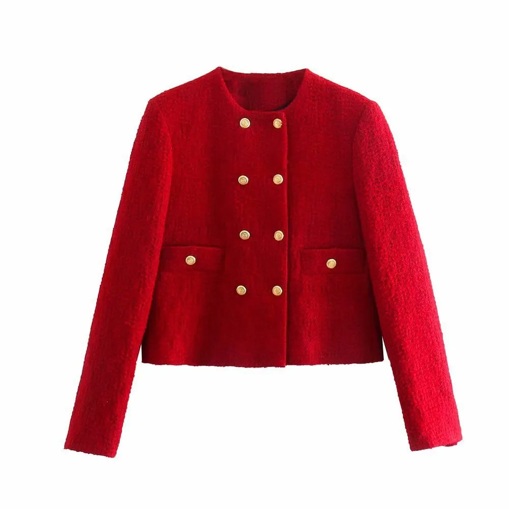 Textured Woolen Short Double Breasted Blazer Split Skirt - Red