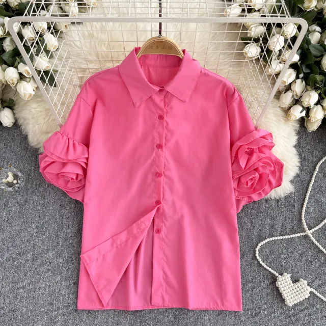French Style Shirt Women's Design Three dimensional Flower Short Sleeve Rose - Shop at LoveMi
