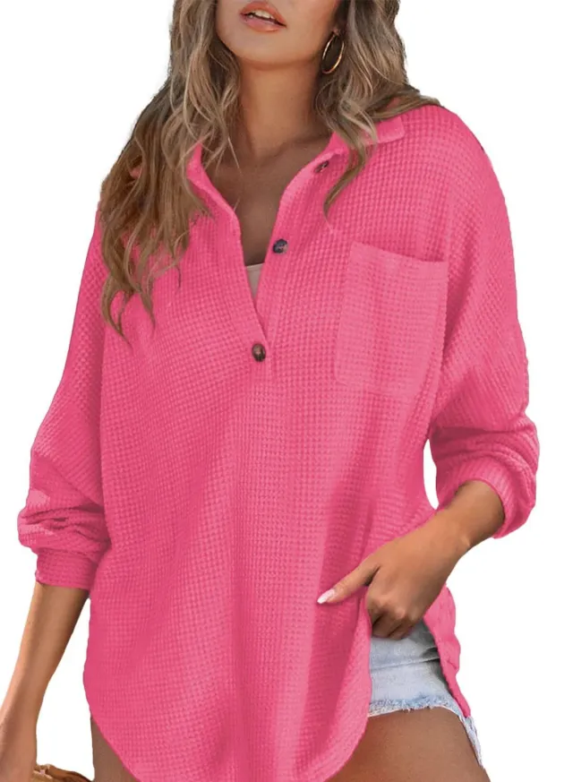 Women's Waffle Knit Loose Long Sleeve Top Rose - Shop at LoveMi