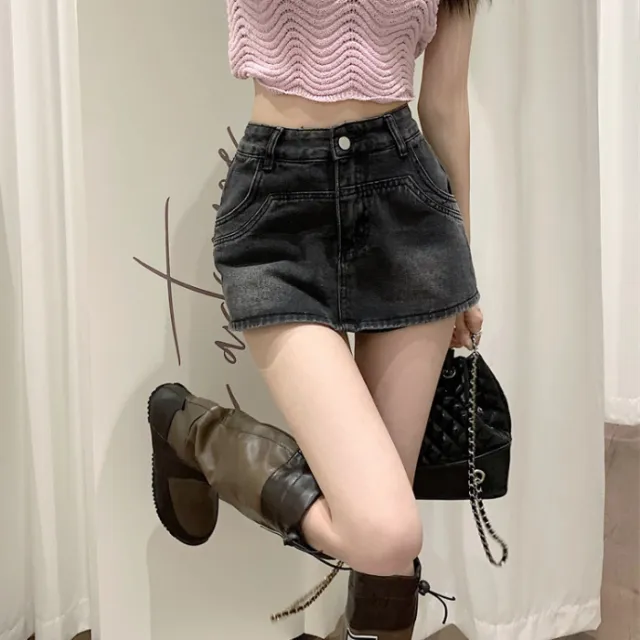 Light Color Retro Denim Skirt Women's Spring Anti emptied Pantskirt Skirt Black And Gray - Shop at LoveMi