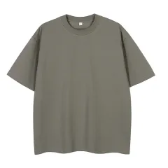 Double Yarn Short Sleeve Sweat-absorbing Cotton T-shirt Top - Earth Grey - View 1