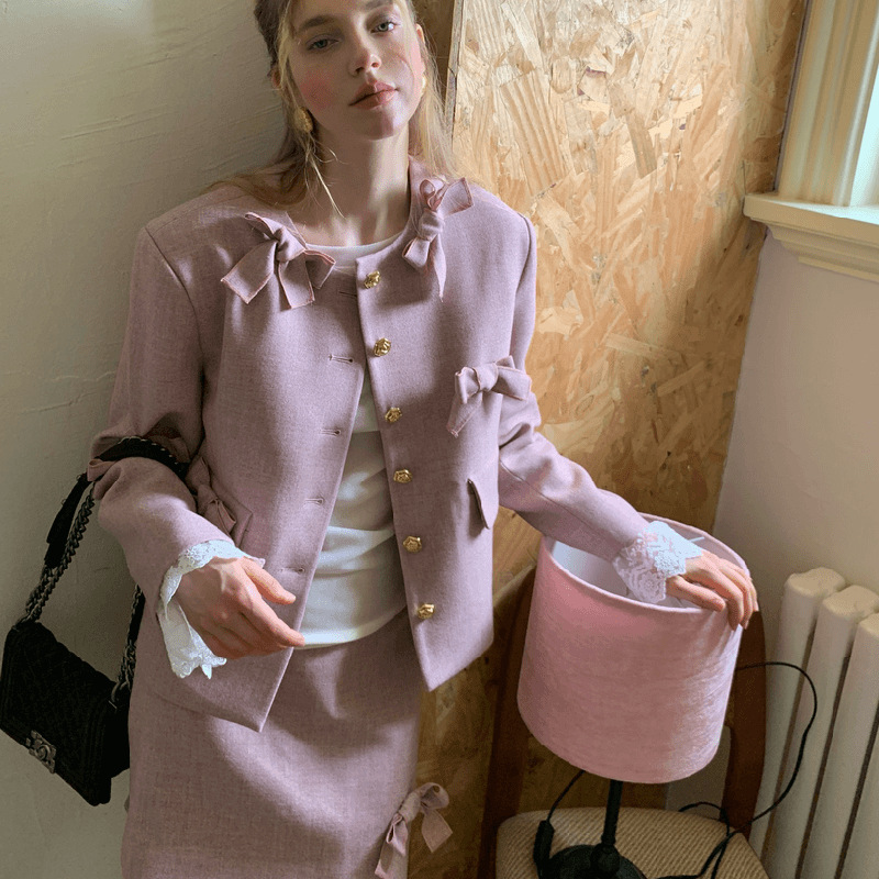 Bow Coat A- Line Short Skirt Two-piece Set Design Sense