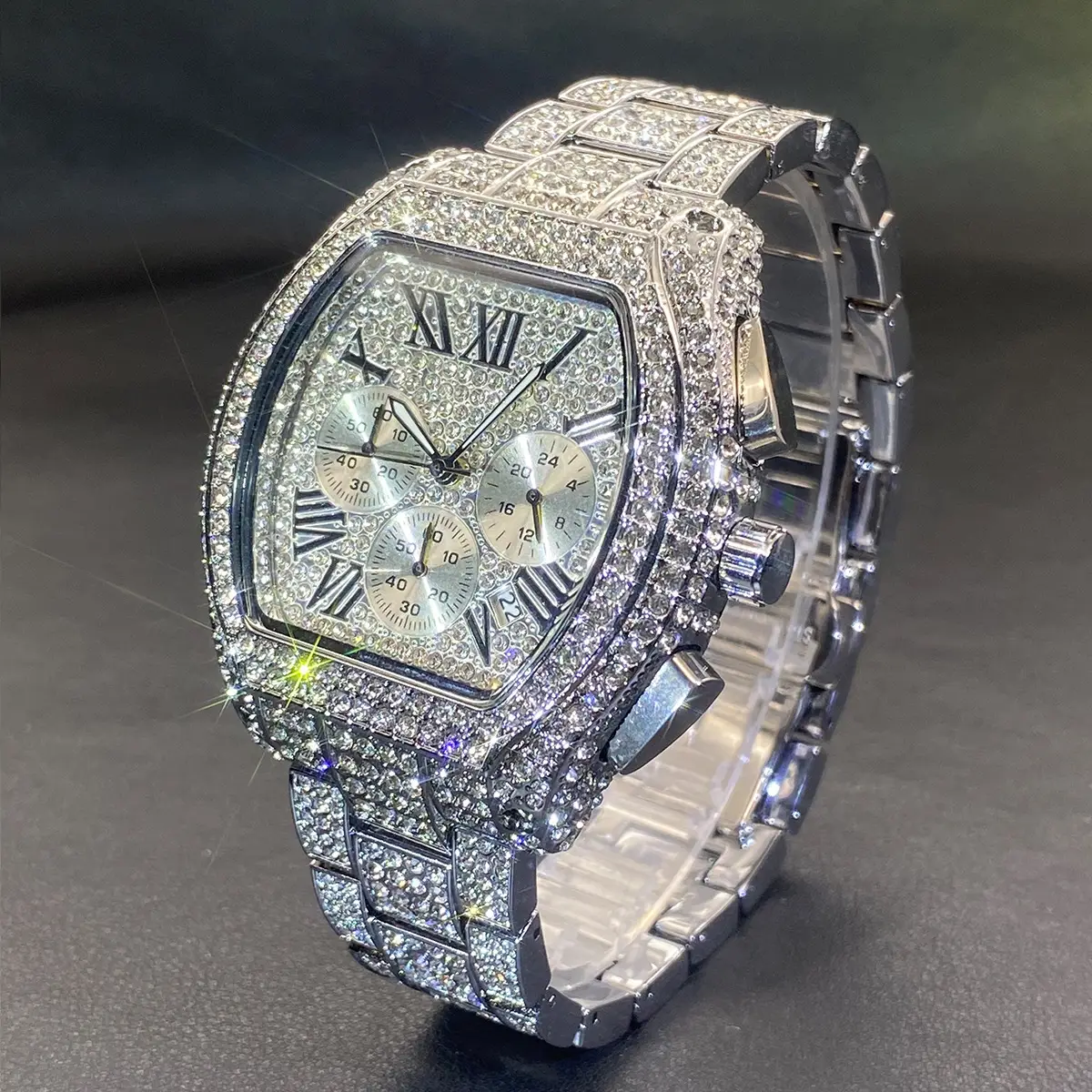 Hip Hop Men's Full Diamond Multi-function Chronograph Luminous Tonneau Quartz Watch