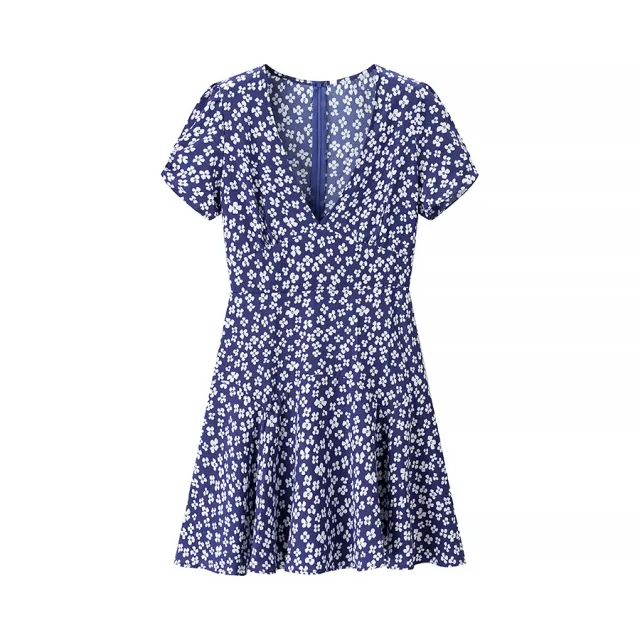Women's Deep V neck Printed Dress Short Sleeve Slim Fit High Waist Blue - Shop at LoveMi