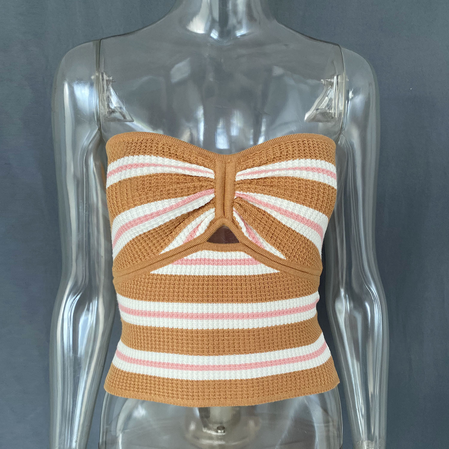 Women's Striped Solid Color Sexy Cutout Tube Top Woolen Vest Camel Pink Stripes - Shop at LoveMi