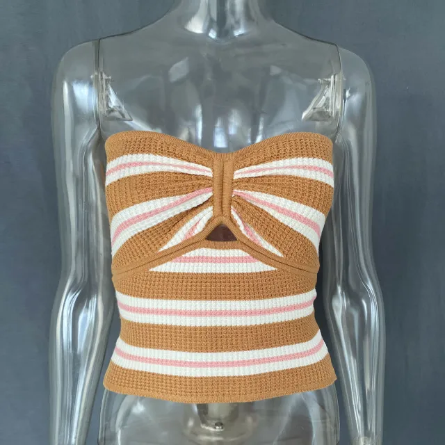 Women's Striped Solid Color Sexy Cutout Tube Top Woolen Vest Pink - Shop at LoveMi