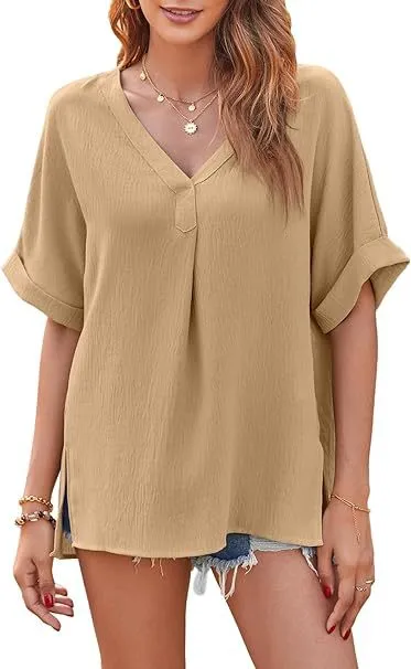 Spring And Summer Solid Color Short Sleeve Loose Blouse Khaki - Shop at LoveMi
