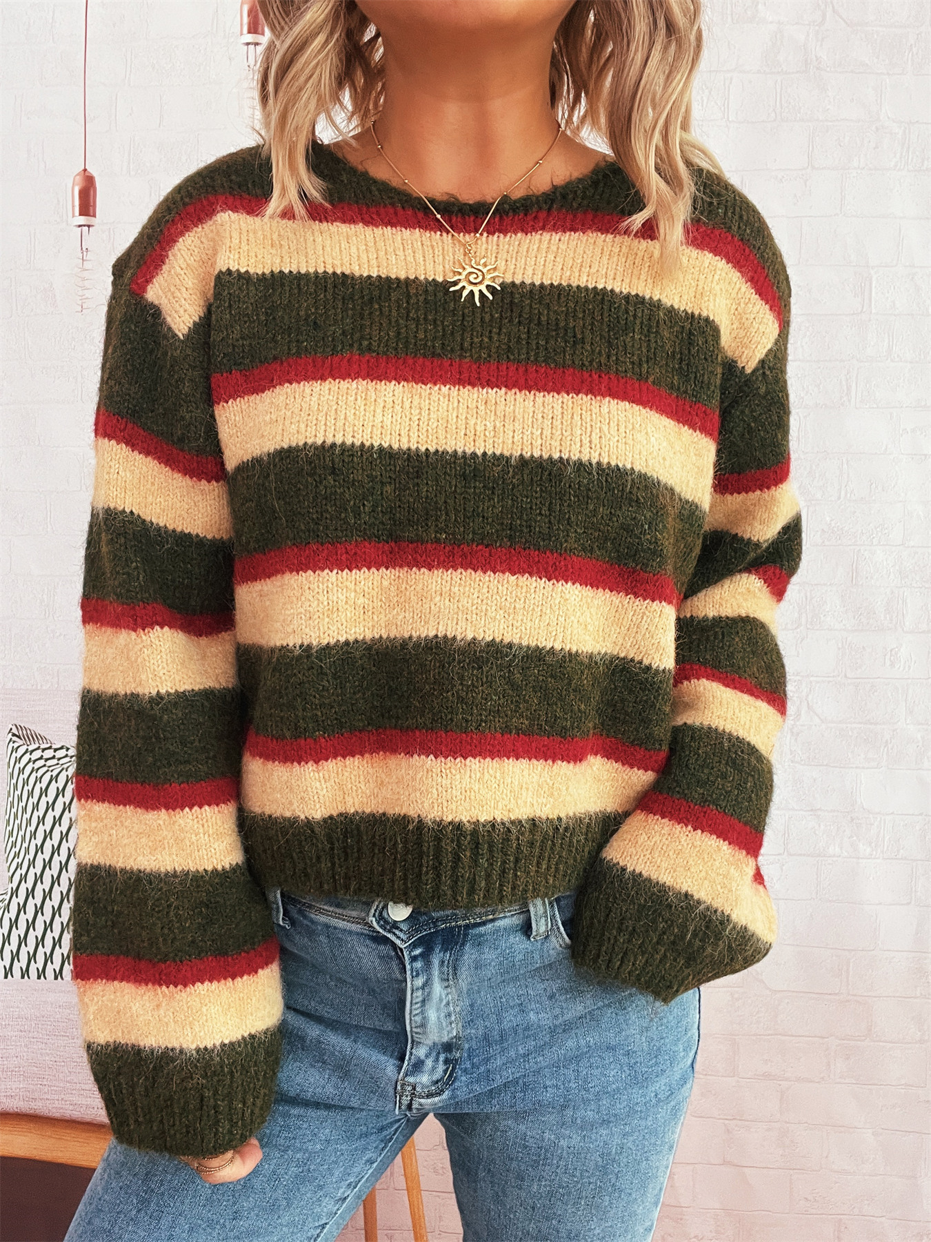 Striped Contrast Color Commuter Knit Casual Round Neck Long Sleeve Sweater