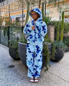 New Loose Straight Ankle-tied Trousers Cross-border American Irregular Pattern Print Hooded Suits Women - Blue - View 1