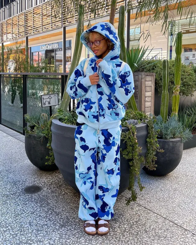 New Loose Straight Ankle tied Trousers Cross border American Irregular Pattern Print Hooded Suits Women Blue - Shop at LoveMi