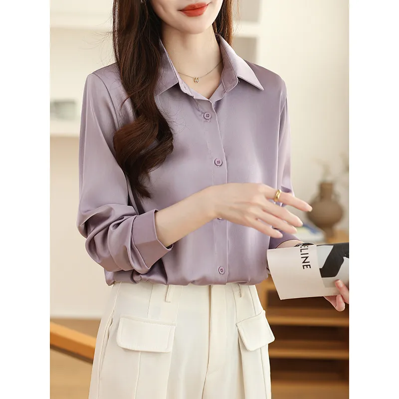High-grade Non-ironing Anti-wrinkle Shirt Women's Solid Color Acetate Shirt - Violet-S
