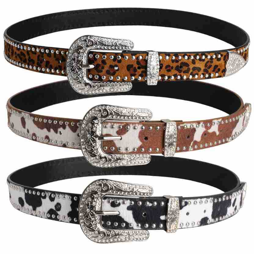 Curea de nituri cu imprimeu leopard cu sculptură elegantă în strasuri