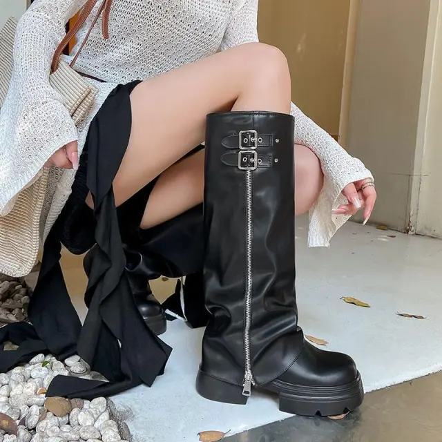 Thick Bottom Chunky Heel All match Pantyhose Boots For Women Black - Shop at LoveMi