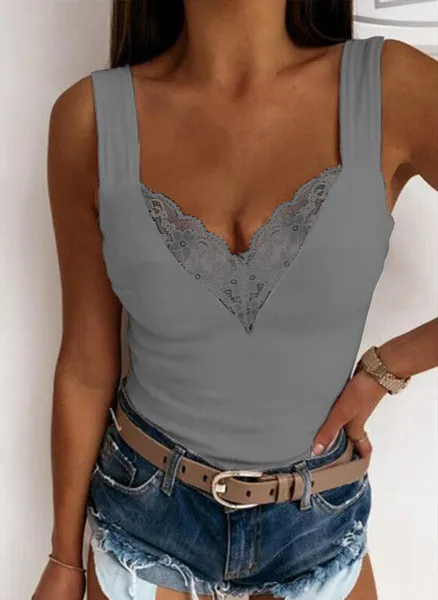 European And American Plus Size Fashion Casual Sexy Suspenders Lace Vest Gray - Shop at LoveMi