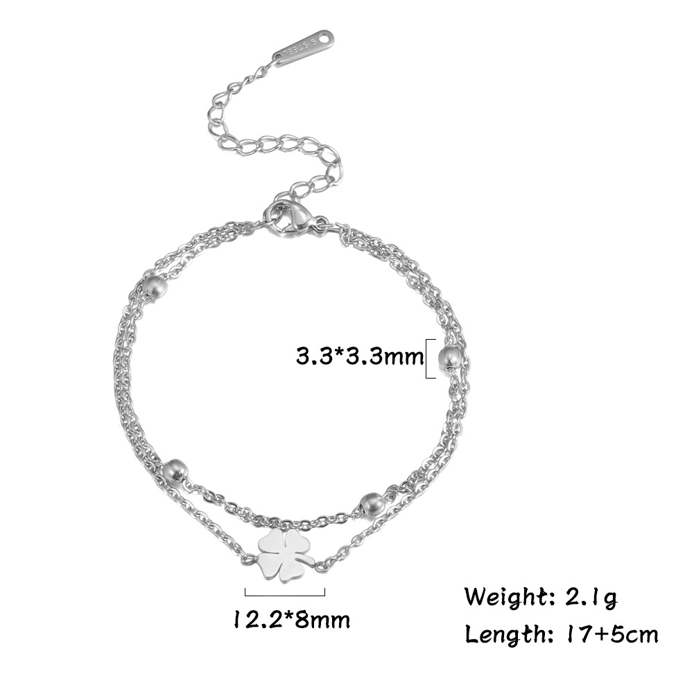 Stainless Steel Sweet Four-leaf Clover And Beads Double-layer Bracelet