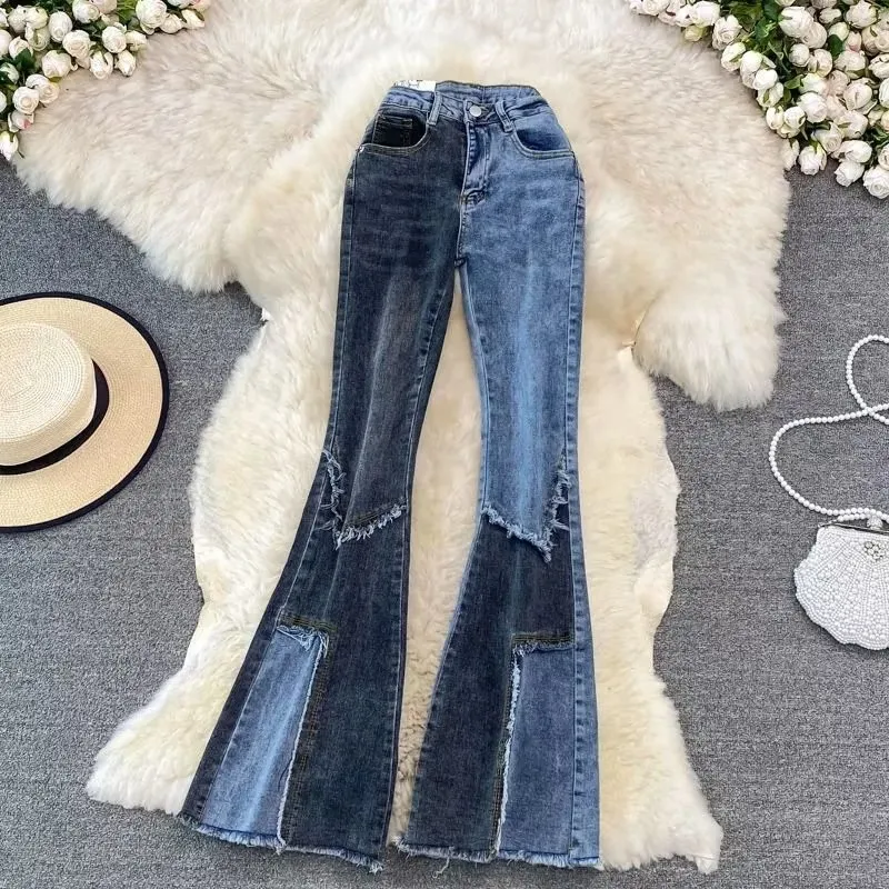 Color Matching Fashionable Elegant Bell-bottom Pants Jeans High Waist Slim Fit Slimming - Blue