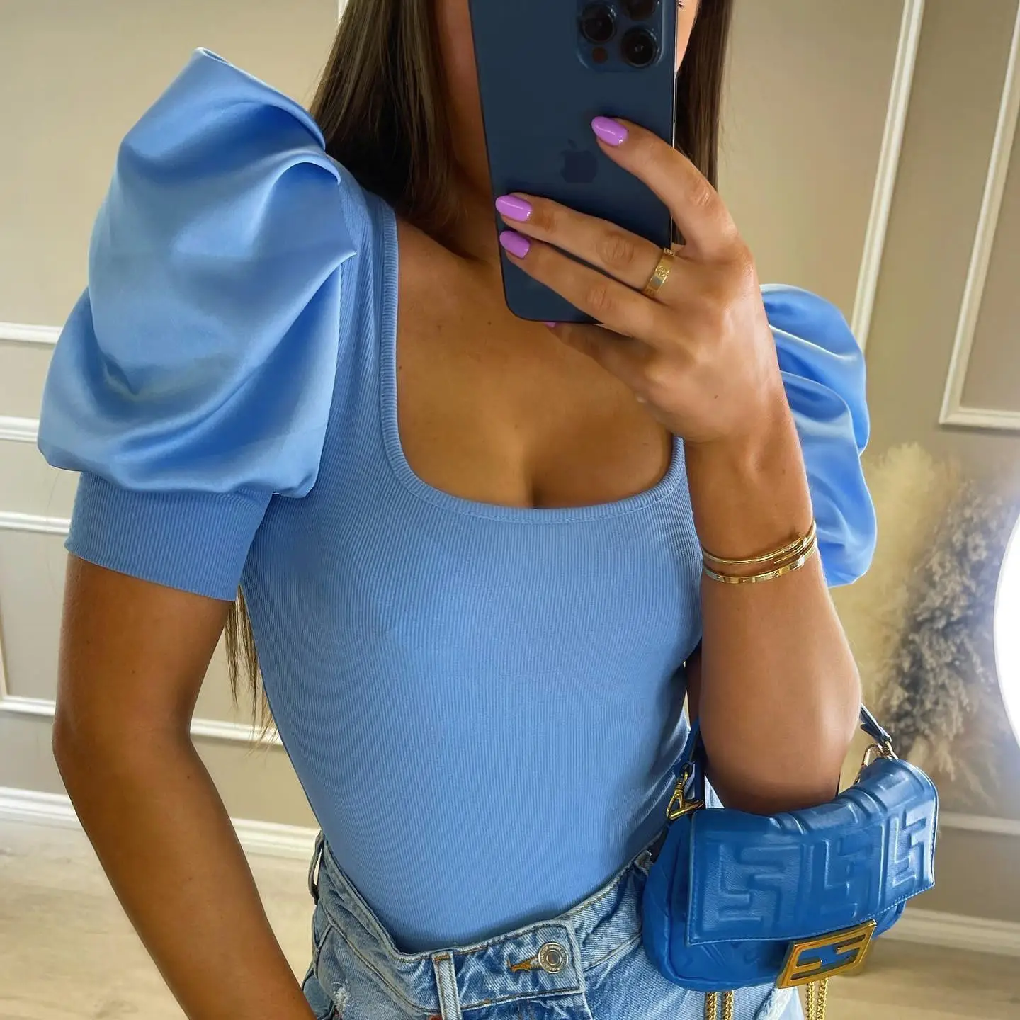 Women's Fashion Low Cut Round Neck Puff Sleeve Thread Slim