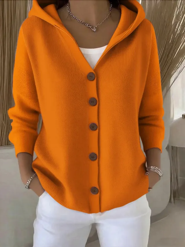 Ins Button Hooded Sweater Fashion Autumn And Winter Knitted Cardigan Casual Commuter Long Sleeve Top Women's Clothing Orange - Shop at LoveMi