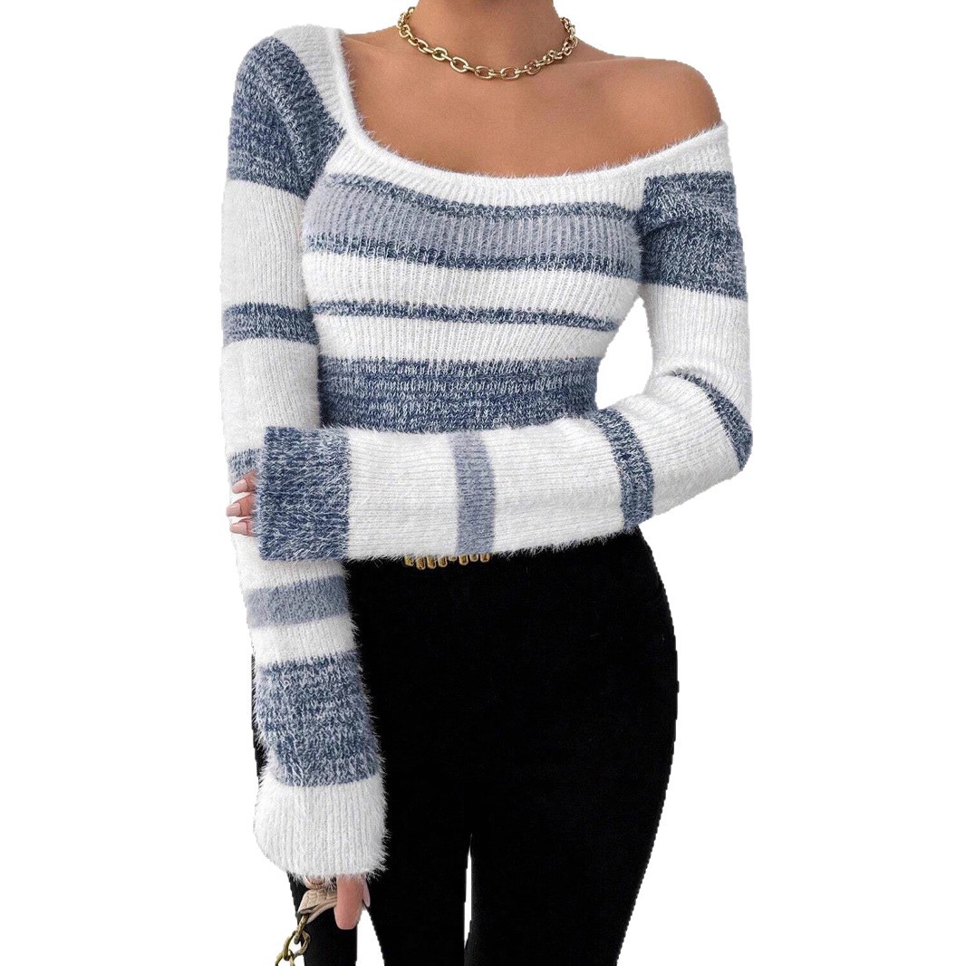 Slim Fit Square Collar Striped Sweater For Women - Image 5