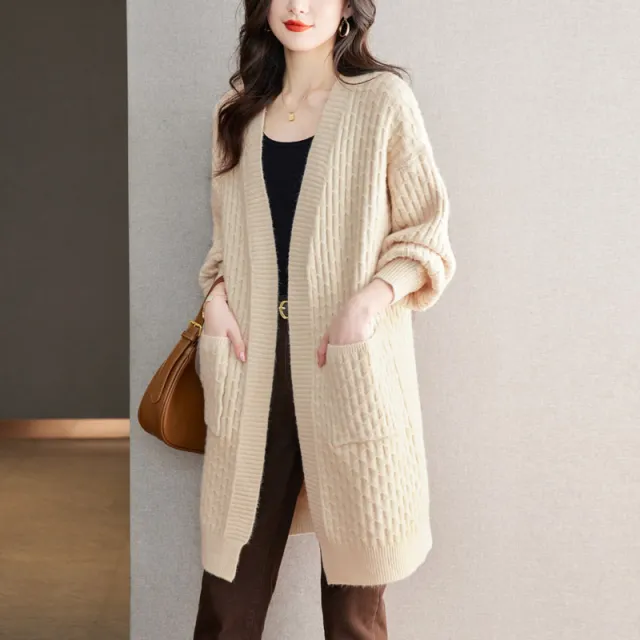 Knitted Long Lazy Feeling Thick Soft Skin friendly Loose Long Sleeve Cardigan Jacket Beige - Shop at LoveMi