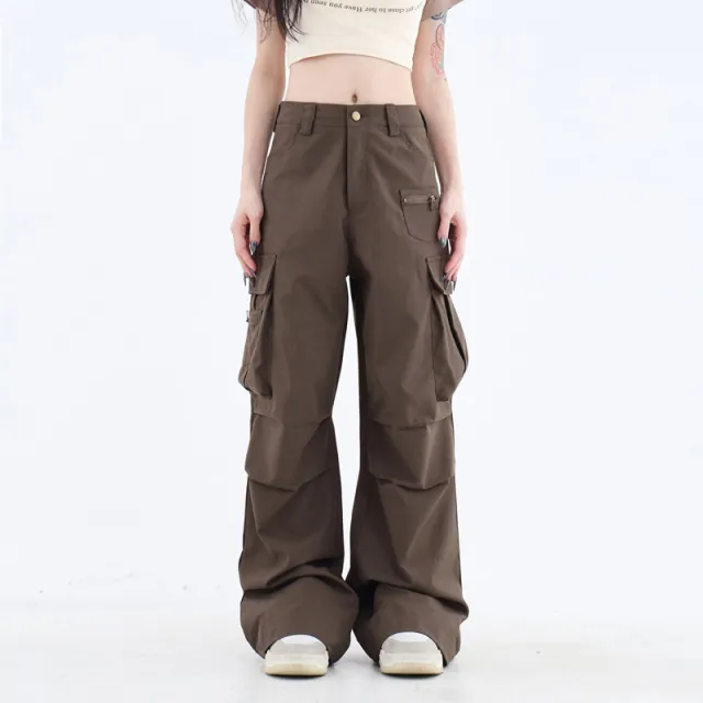 Personalized Pleated Large Pocket High Waist American Overalls For Women Brown - Shop at LoveMi