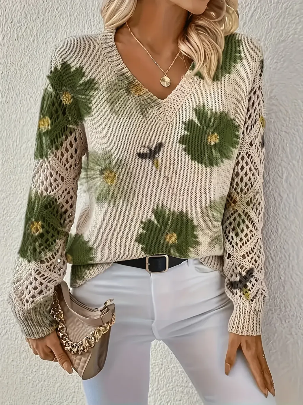 Elegant Bohemian Floral V-neck Long Sleeve Fashion Printed Sweater - Vt4