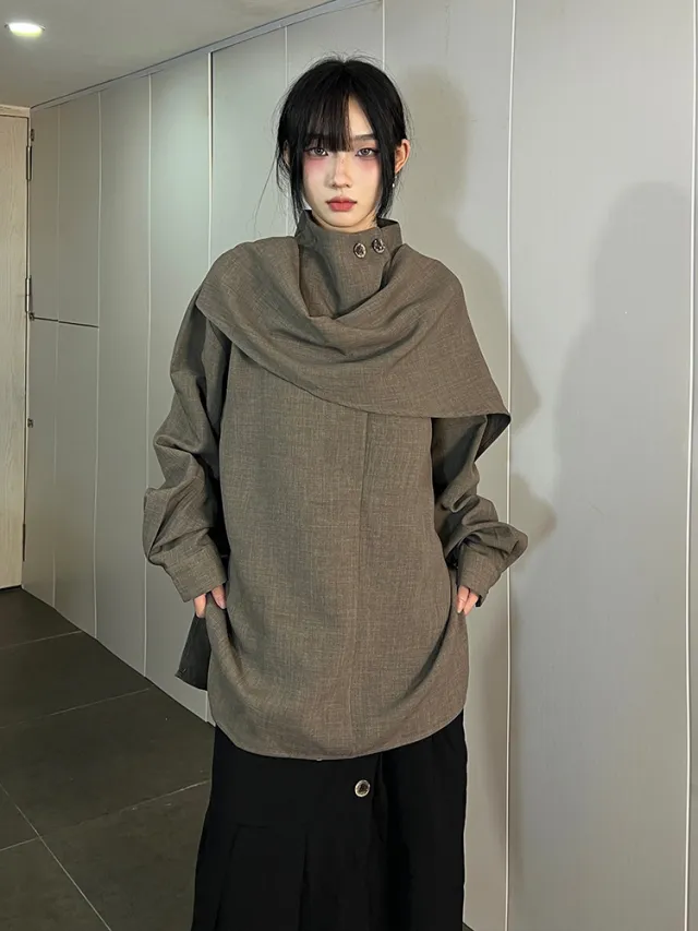 Autumn High grade French Stand Collar Shirt Women's Half Turtleneck Ribbon Scarf Tan - Shop at LoveMi