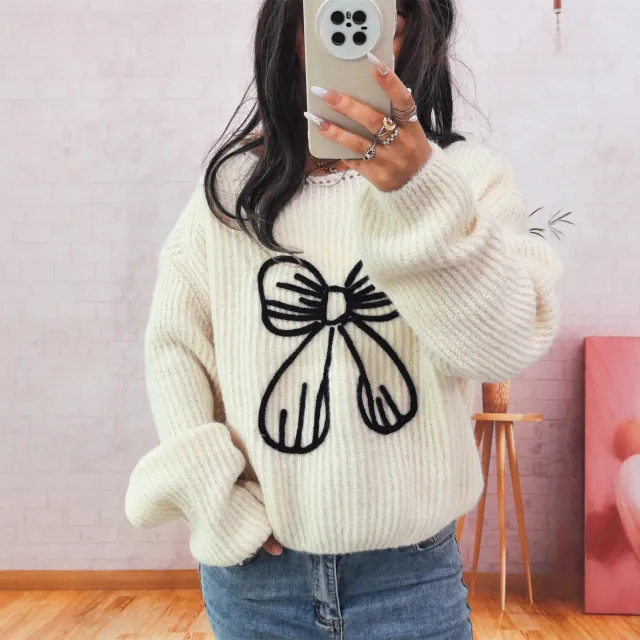 Simple Casual Bow Embroidery Decoration Knitted Long Sleeve Sweater Beige - Shop at LoveMi