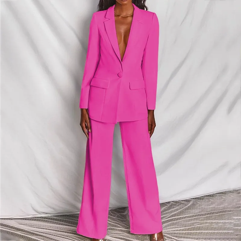 Casual Suit Lapel Button-down Blazer Jacket And Straight-leg Pants Office Commuting Business Trousers Set Clothing - Rose