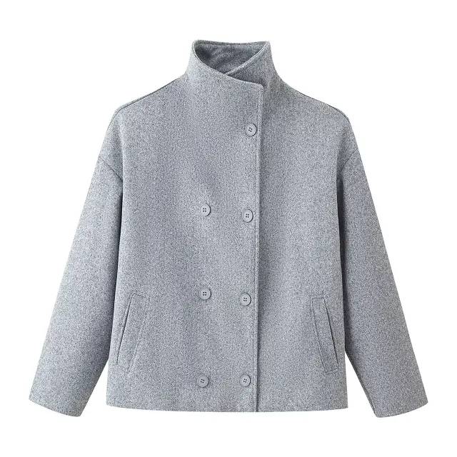 Womens Autumn Fashion Design Short Wool Coat With A Stand Collar And Double Breasted Buttons Gray - Shop at LoveMi