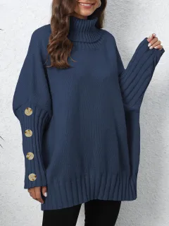 Turtleneck Lapel Loose Woven Sweater Top - Blue - View 1
