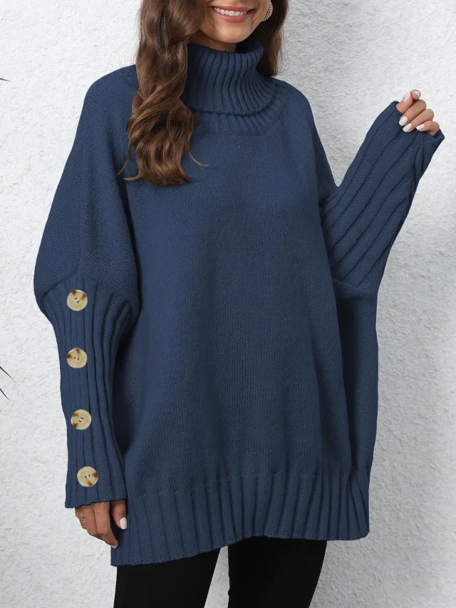 Turtleneck Lapel Loose Woven Sweater Top Blue - Shop at LoveMi