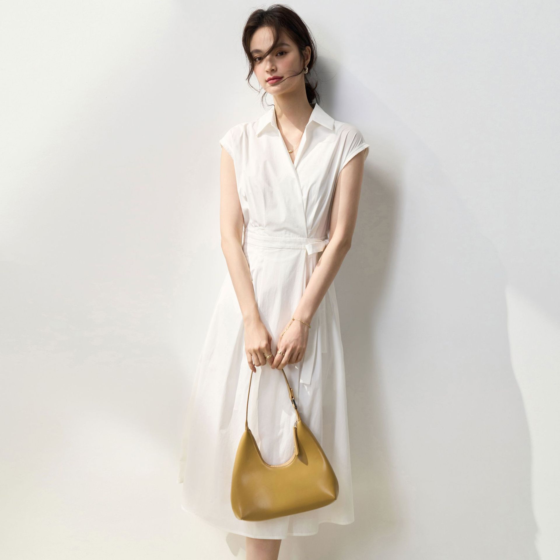 Symmetrical Pleated Vertical Cut Cinched Tie Slim fit Cotton Shirt Dress White - Shop at LoveMi