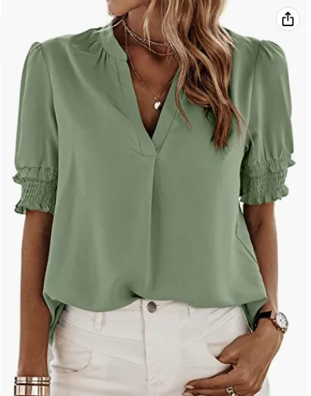 Women's V neck Casual Short sleeved Solid Color Chiffon Shirt Green - Shop at LoveMi