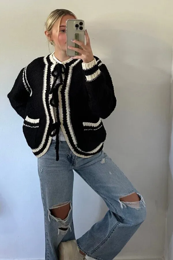Knitted Lace up Pocket Sweater Coat Women's Clothing Black - Shop at LoveMi