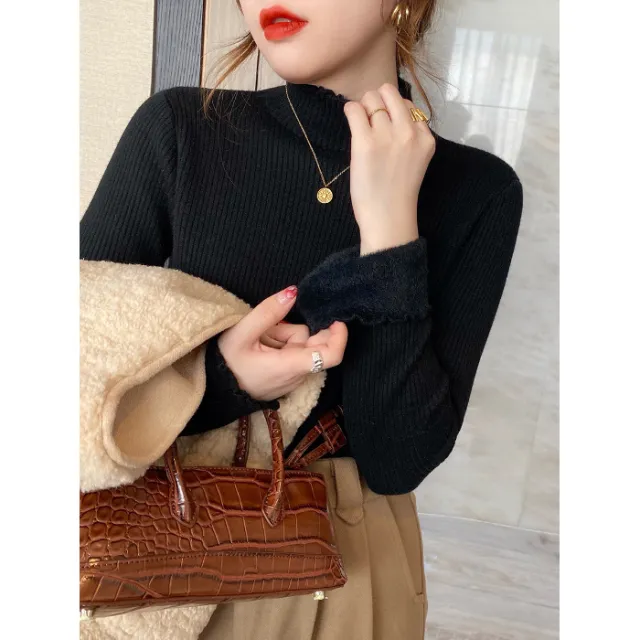 Women's Autumn And Winter Fleece lined Mock Neck Sweater Knitwear Top Black - Shop at LoveMi