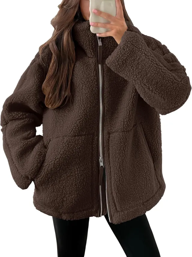 Winter Lapel Zip up Coat With Pockets Casual Fashion Solid Fleece Jacket Fall Spring Long Sleeve Women's Clothing Dark Brown - Shop at LoveMi
