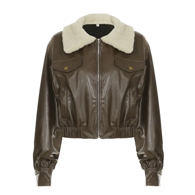 Retro Fur Collar Workwear Leather Jacket Design Sense Brown - Shop at LoveMi