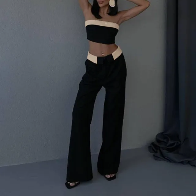 Contrast Color Vest Wide leg Suit Pants Fashion Casual Two piece Suit Black - Shop at LoveMi