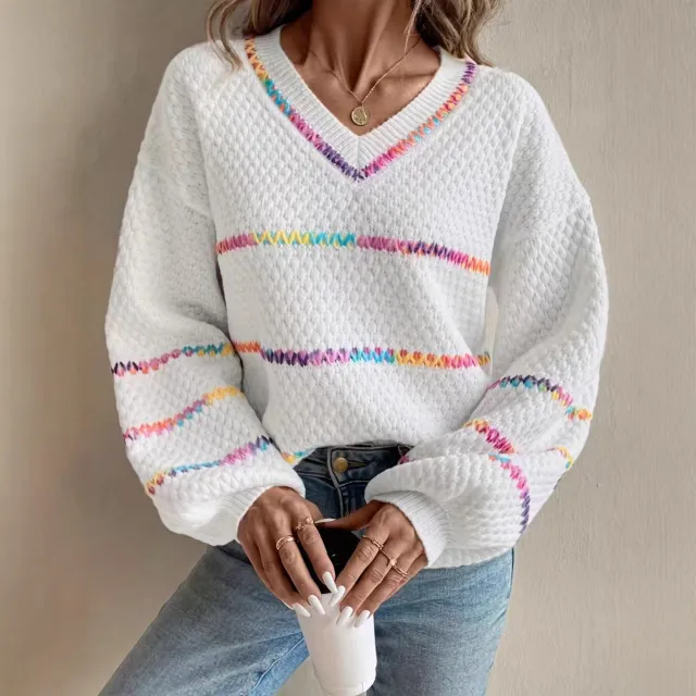 V collar Contrast Color Women's Long Sleeve Pullover Loose Sweater White - Shop at LoveMi