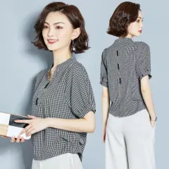 Women's Short-sleeved Plaid Chiffon Shirt Niche Design V-neck Belly-covering Coat - Black - View 1