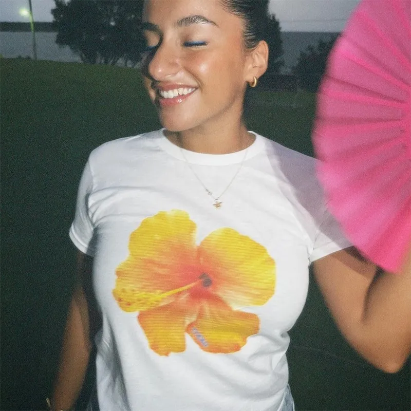 New Summer Flower Print Slim-fit Sexy Navel Round Neck Women's Short Top - Yellow