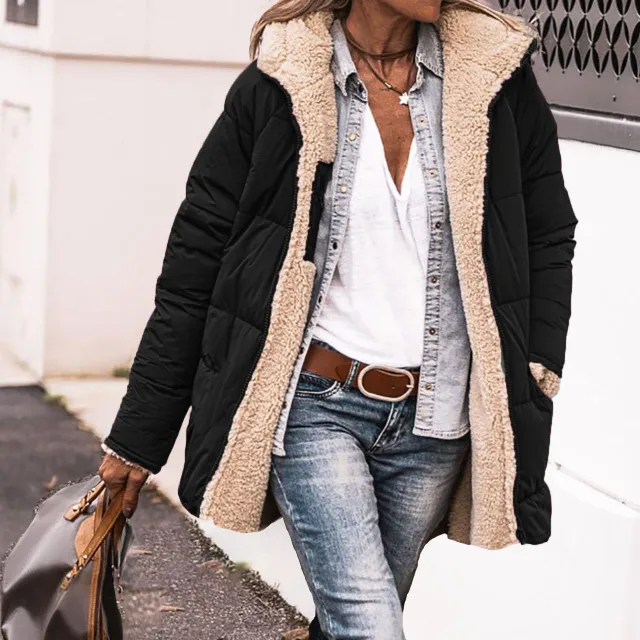 Solid Color Hooded Short Cotton Jacket Long Sleeve Double sided Wear Slim Fit Elegant Cardigan Coat Top Black - Shop at LoveMi